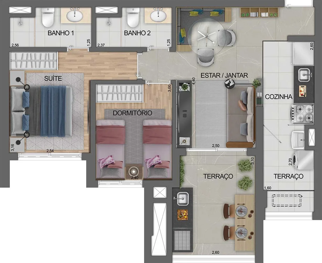 Planta do apartamento de 63,76 m², 2 dormitórios com 1 suíte