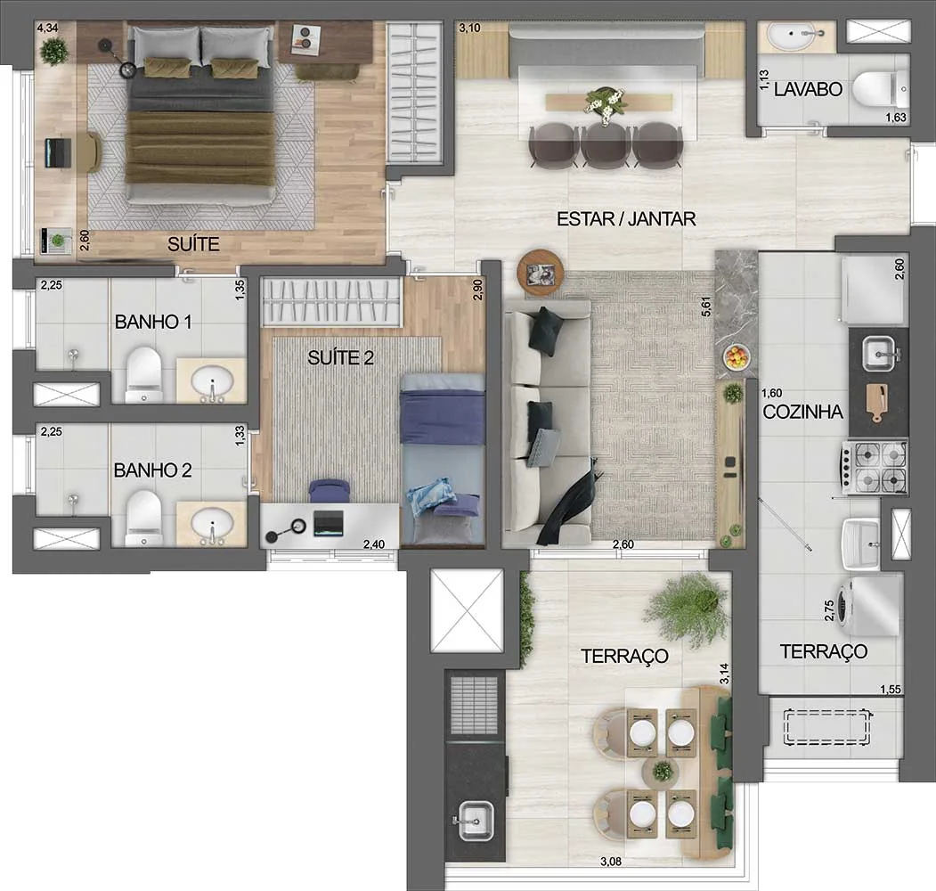 Planta do apartamento de 73,17 m², com 2 suítes