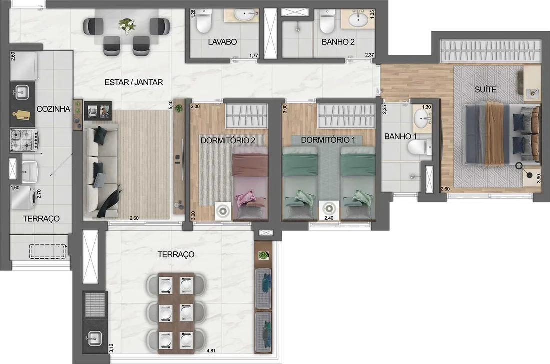 Planta do apartamento de 91,21 m², 3 dormitórios com 1 suíte