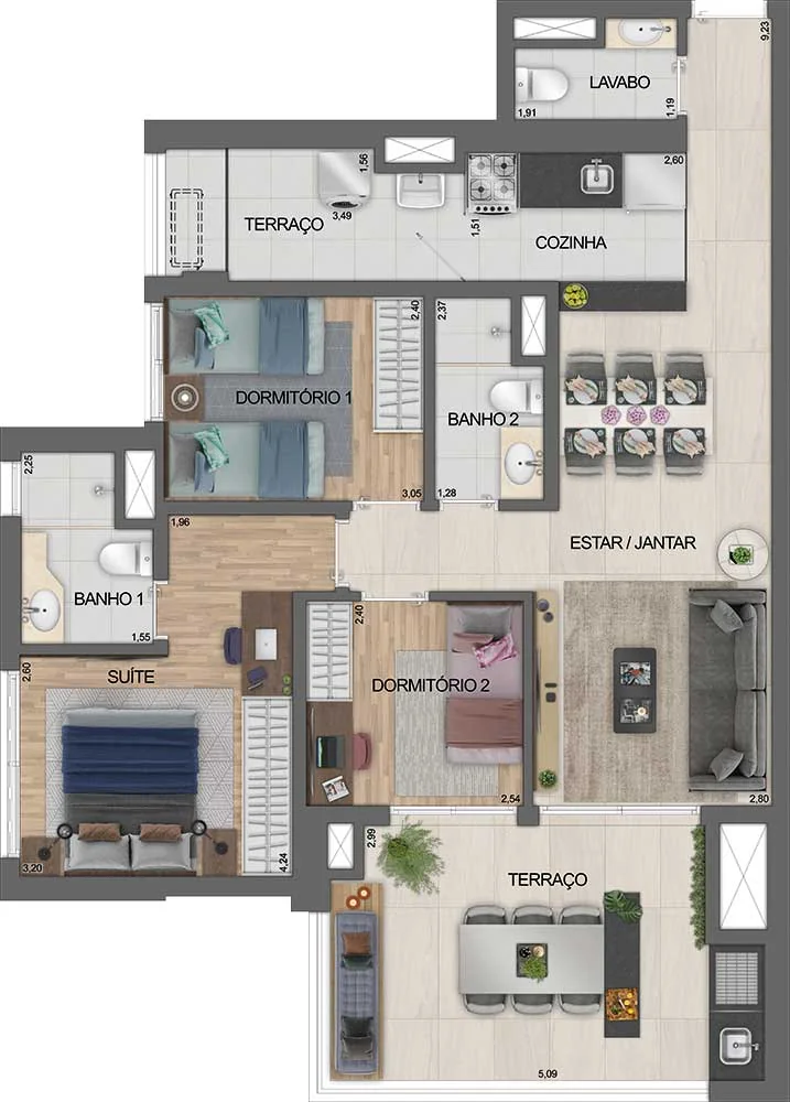 Planta do apartamento de 93,18 m², 3 dormitórios com 1 suíte