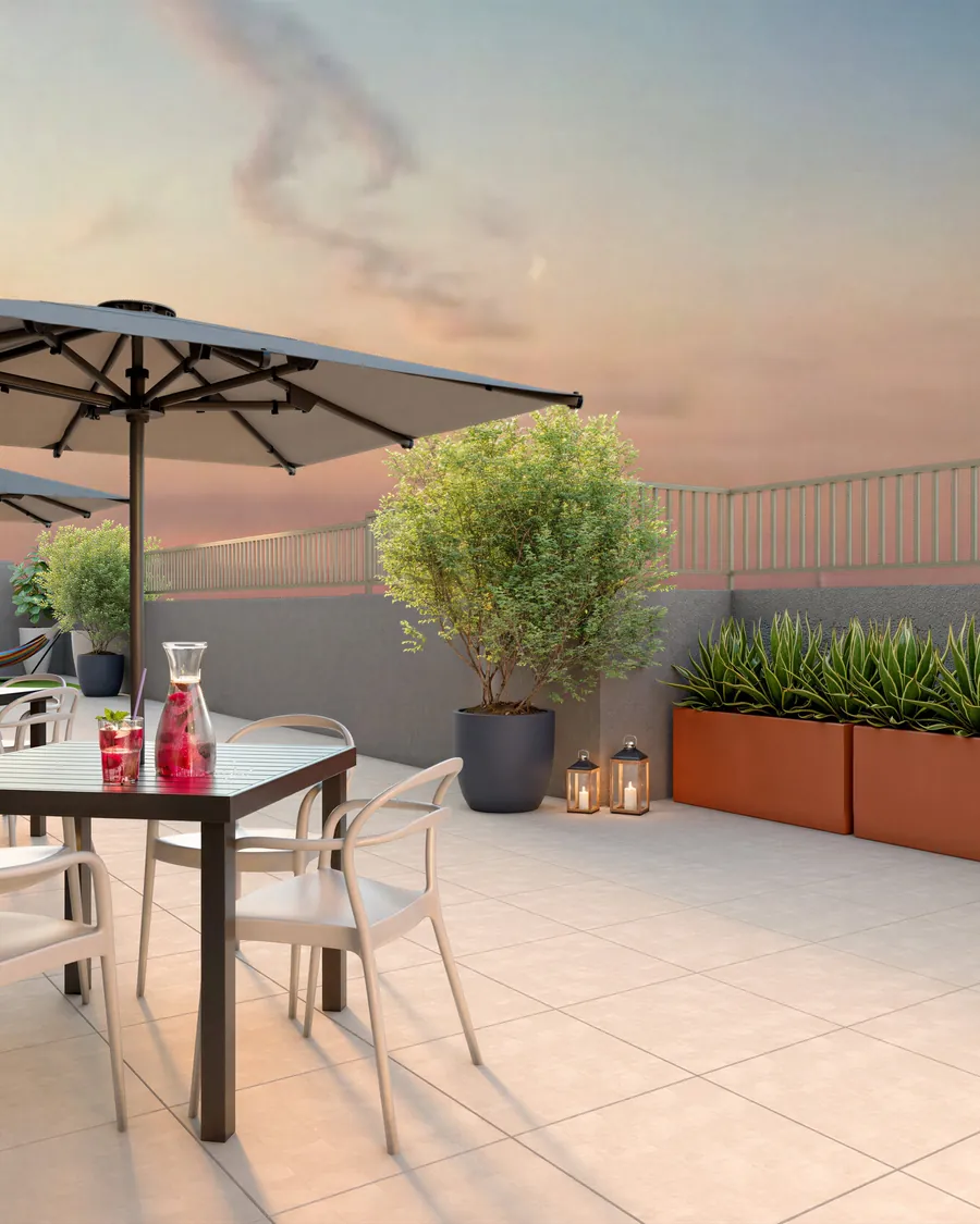 Perspectiva ilustrada do lounge rooftop no 21º andar