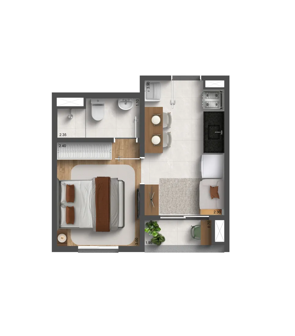 Planta do apartamento de 24 m² com 1 dormitório e suíte