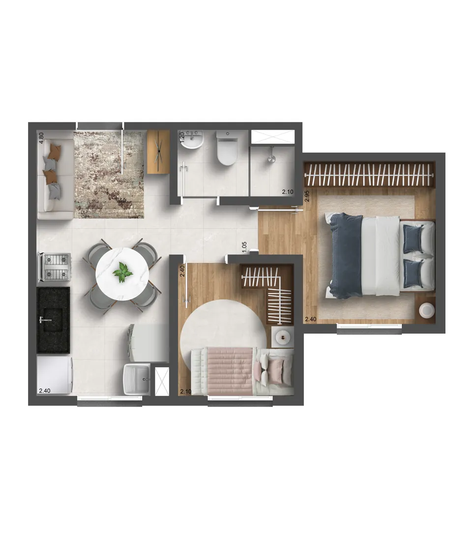 Planta do apartamento de 33 m² com 2 dormitórios