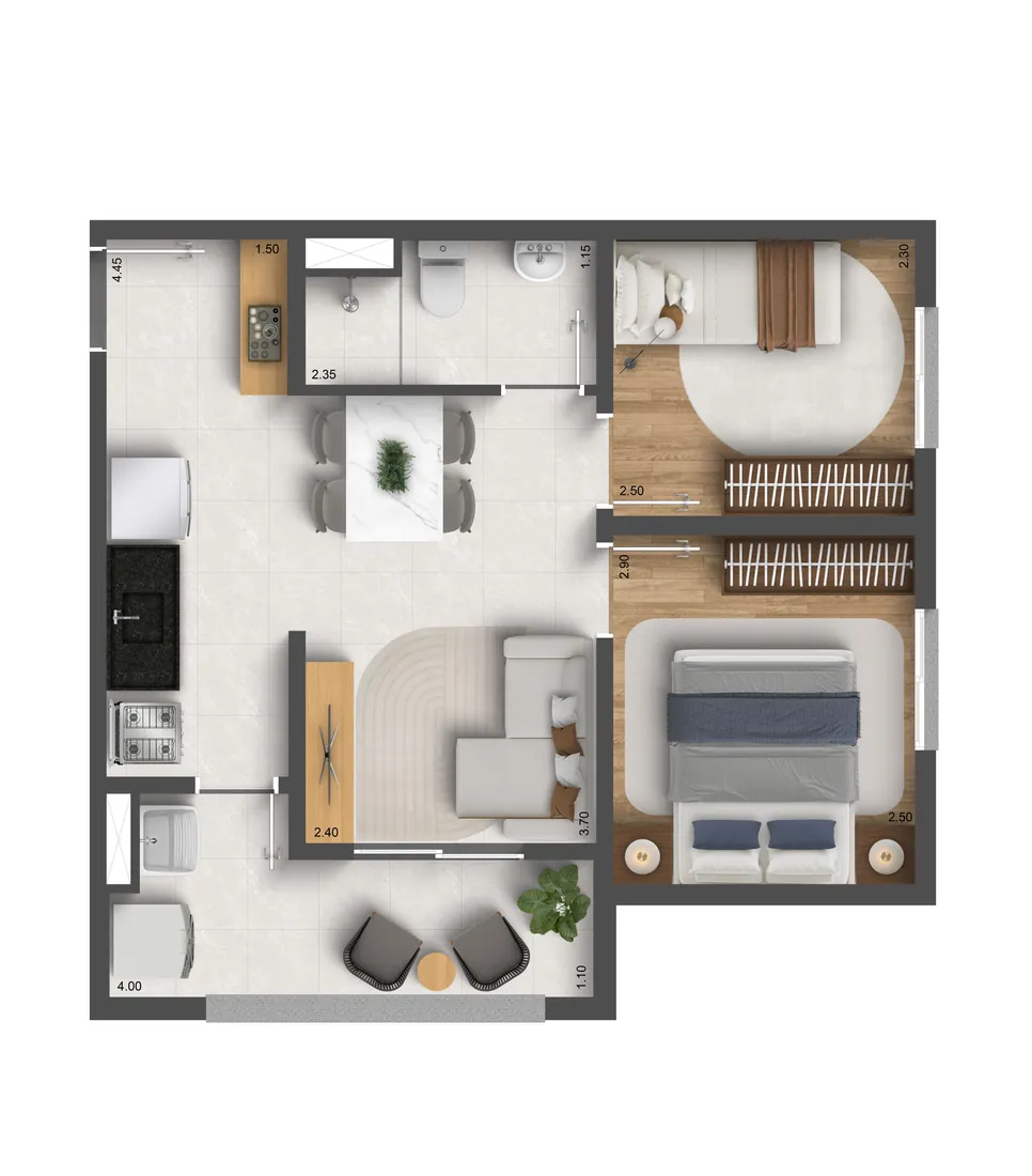 Planta do apartamento de 42 m² com 2 dormitórios e sacada em L