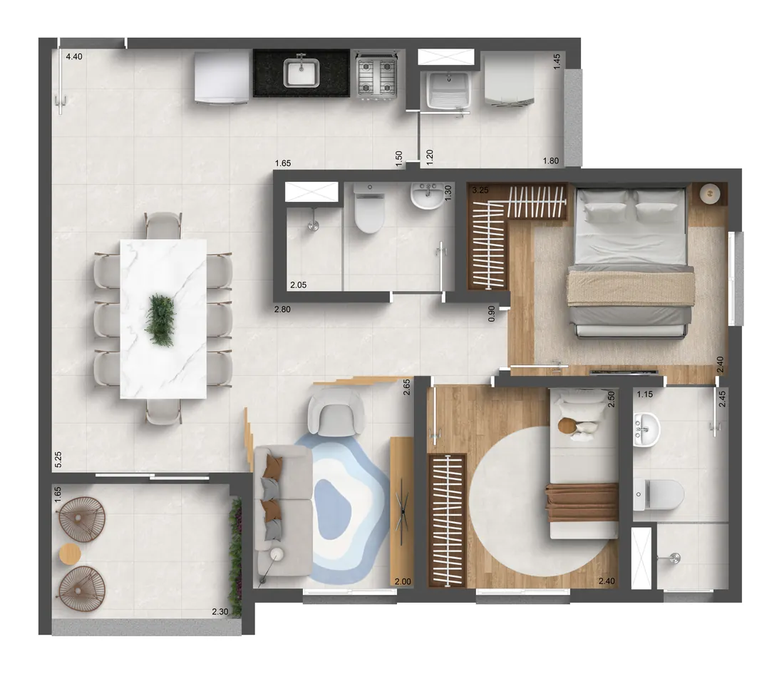 Planta do apartamento de 57 m² com 2 dormitórios, suíte e sala ampliada